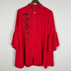 IC By Connie K Swing Jacket Womens XL Red Full Zip Embroidered 3/4‎ Bell Sleeve